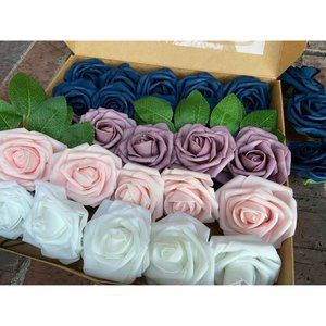 25 Count | Navy Blue, Dusty Purple White & Blush Artificial Flowers